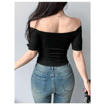 RoseSeek Women's Off The Shoulder Short Sleeve Tee Tops Going Out Slim Fit Crop Tops Y2K Sexy Tight Shirts