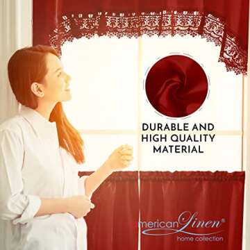 American Linen Café Curtains for Kitchen, Bathroom Curtains with Valance, Embroidered lace Border. (Red)