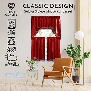 American Linen Café Curtains for Kitchen, Bathroom Curtains with Valance, Embroidered lace Border. (Red)