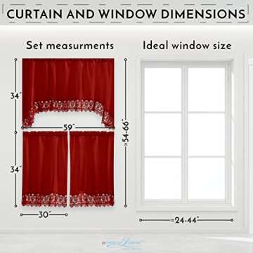 American Linen Café Curtains for Kitchen, Bathroom Curtains with Valance, Embroidered lace Border. (Red)