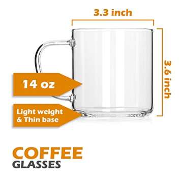 Glass Coffee Mugs(Set of 4),14-oz Clear Borosilicate Glass Coffee Cups,Lead-Free Drinking Glasses,Large Tea Cups with Comfortable Handle,Latte & Mocha Mugs,Espresso Coffee Gifts for Home and Cafe