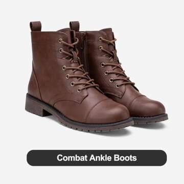 Vepose Women's Ankle Boots Lace up, Flat Fashion Combat Booties Low Heel, 910 - Cognac, Red Brown, Size 9 US (CJY910 Cognac 09)