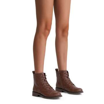 Vepose Women's Ankle Boots Lace up, Flat Fashion Combat Booties Low Heel, 910 - Cognac, Red Brown, Size 9 US (CJY910 Cognac 09)