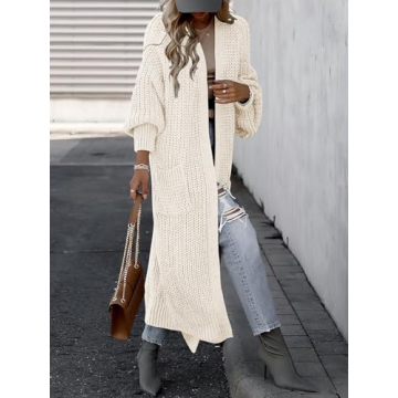 Caracilia Women Cardigan Sweaters Long Sleeve Open Front Knit Long Coat Duster Cozy 2024 Fall Winter Outfits with Pockes Beige Small