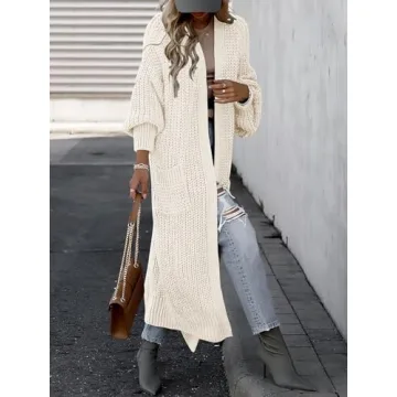Caracilia Women Cardigan Sweaters Long Sleeve Open Front Knit Long Coat Duster Cozy 2024 Fall Winter Outfits with Pockes Beige Small