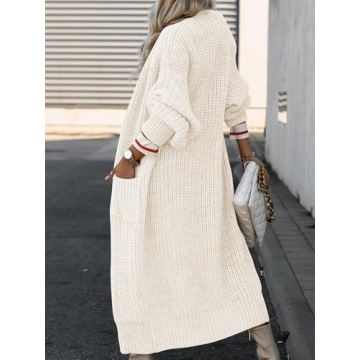 Caracilia Women Cardigan Sweaters Long Sleeve Open Front Knit Long Coat Duster Cozy 2024 Fall Winter Outfits with Pockes Beige Small