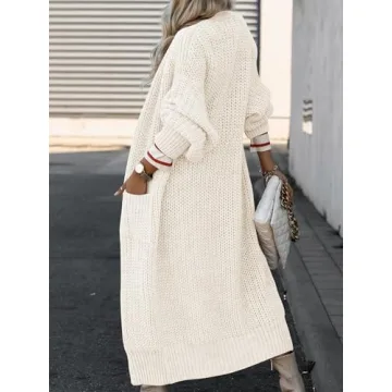 Caracilia Women Cardigan Sweaters Long Sleeve Open Front Knit Long Coat Duster Cozy 2024 Fall Winter Outfits with Pockes Beige Small
