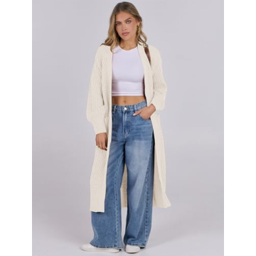 Caracilia Women Cardigan Sweaters Long Sleeve Open Front Knit Long Coat Duster Cozy 2024 Fall Winter Outfits with Pockes Beige Small