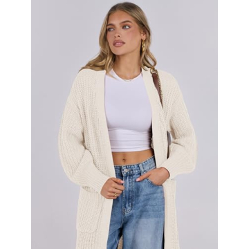 Caracilia Women Cardigan Sweaters Long Sleeve Open Front Knit Long Coat Duster Cozy 2024 Fall Winter Outfits with Pockes Beige Small