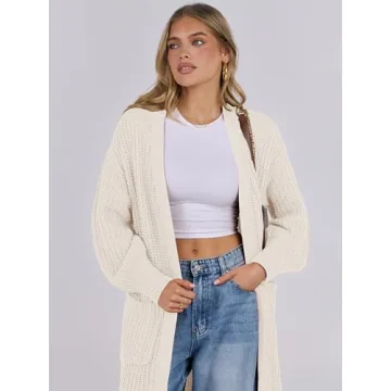 Caracilia Women Cardigan Sweaters Long Sleeve Open Front Knit Long Coat Duster Cozy 2024 Fall Winter Outfits with Pockes Beige Small