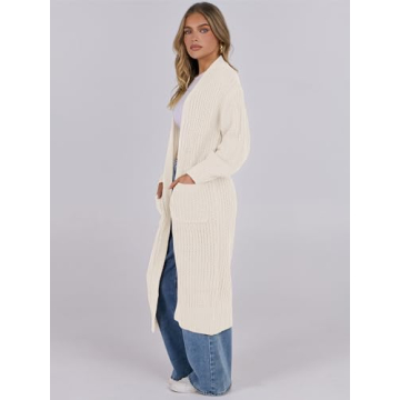 Caracilia Women Cardigan Sweaters Long Sleeve Open Front Knit Long Coat Duster Cozy 2024 Fall Winter Outfits with Pockes Beige Small