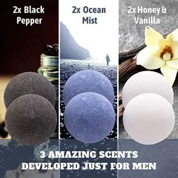 Men's Bath Bomb Gift Set Black Pepper, Ocean Breeze, Honey & Vanilla Scented Bath Explosions. Luxury Spa Pampering Set, Handmade & 100% Natural by Serenity Touch