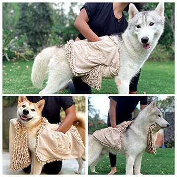 Tuff Pupper Quick Dry Towel for Dogs | Ultra Absorbent Microfiber Shammy | Extra Large 35x15 Size Dog Bath Towel | Comfortable Hand Pockets | Indoor Outdoor Use | Durable Material | Machine Washable