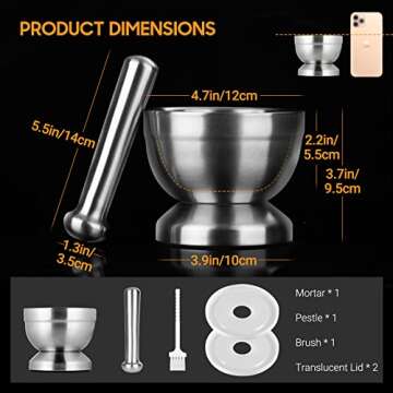 Tera 18/8 Stainless Steel Mortar and Pestle with Brush Spice Grinder Pill Crusher Herb Bowl Pesto Powder 1.5 Cup 350ml