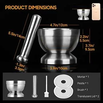 Tera 18/8 Stainless Steel Mortar and Pestle with Brush Spice Grinder Pill Crusher Herb Bowl Pesto Powder 1.5 Cup 350ml