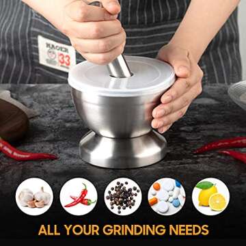 Tera 18/8 Stainless Steel Mortar and Pestle with Brush Spice Grinder Pill Crusher Herb Bowl Pesto Powder 1.5 Cup 350ml