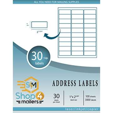 Shop4Mailers 30-Up White Permanent Self Adhesive Shipping Labels - 100 Sheets (3,000 Count)