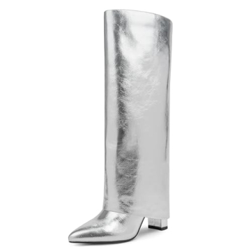 Modatope Silver Tall Boots for Women - Stylish Fold Over Knee High Boots with Block Heels