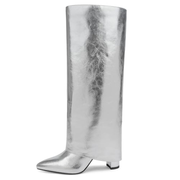 Modatope Women's Silver Tall Boots Fold Over Block Heels