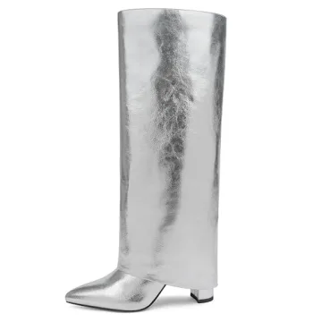 Modatope Women's Silver Tall Boots Fold Over Block Heels