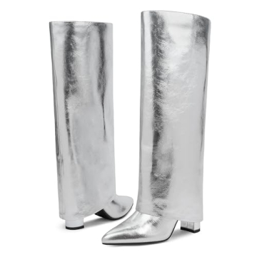 Modatope Women's Silver Tall Boots Fold Over Block Heels