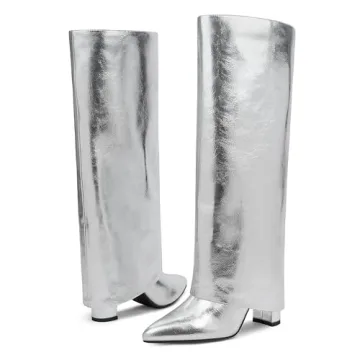 Modatope Women's Silver Tall Boots Fold Over Block Heels