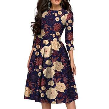 Simple Flavor Women's Floral Vintage Dress Elegant Midi Evening Dress 3/4 Sleeves(XH3159BL,Medium)
