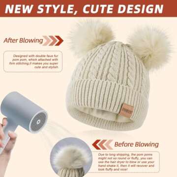 Beanies Women with Double Pom Pom, Winter Hats for Women Cold Weather Warm Cable Knit Fleece Lined, Cute Beanie Cap for Daily Use(Black)