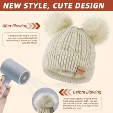 Beanies Women with Double Pom Pom, Winter Hats for Women Cold Weather Warm Cable Knit Fleece Lined, Cute Beanie Cap for Daily Use(Black)