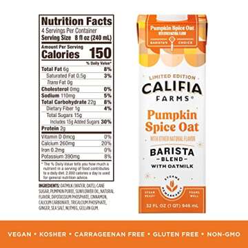 Califia Farms - Pumpkin Spice Oat Barista Blend Oat Milk, 32 Oz (Pack of 6), Shelf Stable, Dairy Free, Plant Based, Vegan, Gluten Free, Non GMO, High Calcium, Milk Frother, Creamer, Oatmilk