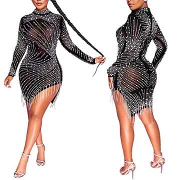 Ranfare Birthday Dress for Women Long Sleeve Rhinestone Dress Nightclub Dress Party Dresses Type A (Black-1, S)…