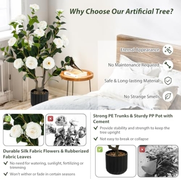 Lifelike 38" Artificial Camellia Tree Set with Cement Pot