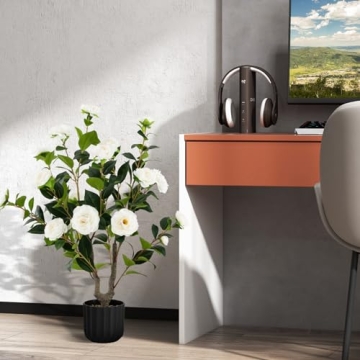 Lifelike 38" Artificial Camellia Tree Set with Cement Pot
