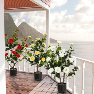 Lifelike 38" Artificial Camellia Tree Set with Cement Pot