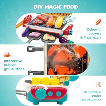 Cooking Simulator Toy with Color Changing Accessories, 31 PCS Fun BBQ Kit Gourmet Cooking Box, Magic BBQ Simulation Grill Toy with Sound & Light & Steam Grill Surface for Kids 3-8