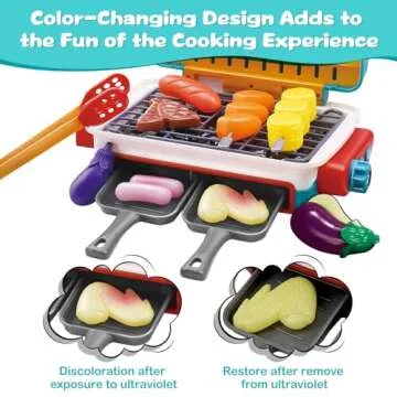 Cooking Simulator Toy with Color Changing Accessories, 31 PCS Fun BBQ Kit Gourmet Cooking Box, Magic BBQ Simulation Grill Toy with Sound & Light & Steam Grill Surface for Kids 3-8