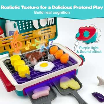 Cooking Simulator Toy with Color Changing Accessories, 31 PCS Fun BBQ Kit Gourmet Cooking Box, Magic BBQ Simulation Grill Toy with Sound & Light & Steam Grill Surface for Kids 3-8