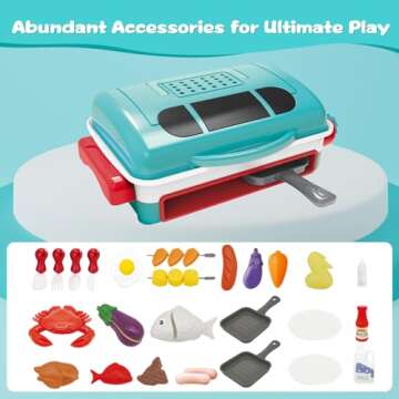 Cooking Simulator Toy with Color Changing Accessories, 31 PCS Fun BBQ Kit Gourmet Cooking Box, Magic BBQ Simulation Grill Toy with Sound & Light & Steam Grill Surface for Kids 3-8