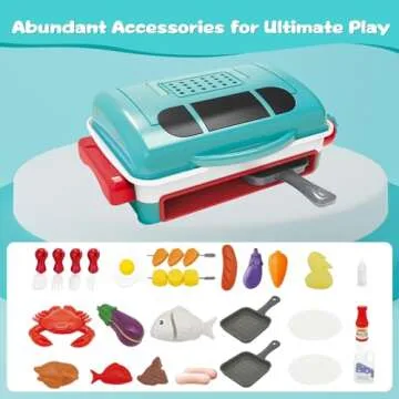 Cooking Simulator Toy with Color Changing Accessories, 31 PCS Fun BBQ Kit Gourmet Cooking Box, Magic BBQ Simulation Grill Toy with Sound & Light & Steam Grill Surface for Kids 3-8
