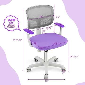 Costzon Kids Desk Chair, Adjustable Children Study Computer Chair with Arms & Wheels, Student Swivel Rolling Task Chair, Ergonomic Kids Office Chair for Girls Age 4-12, Home Bedroom School, Purple