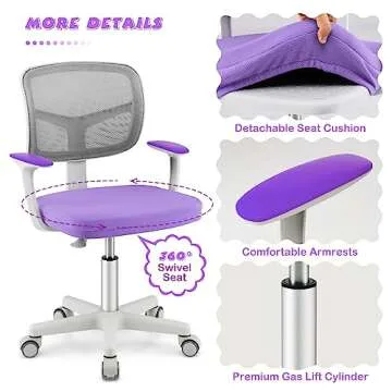 Costzon Kids Desk Chair, Adjustable Children Study Computer Chair with Arms & Wheels, Student Swivel Rolling Task Chair, Ergonomic Kids Office Chair for Girls Age 4-12, Home Bedroom School, Purple