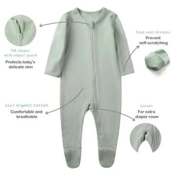 O2 BABY Baby Boys Girls Organic Cotton Zip Front Sleeper Pajamas, Footed Sleep 'n Play（Newborn, Sage）