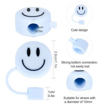 Whaline 6Pcs Smiling Face Straw Covers Blue Pink Cream Color Silicone Reusable Straw Topper Double Sided Pattern Straw Tip Covers 10mm 0.4 Inch for 30 & 40 OZ Tumbler with Handle