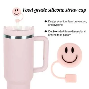 Whaline 6Pcs Smiling Face Straw Covers Blue Pink Cream Color Silicone Reusable Straw Topper Double Sided Pattern Straw Tip Covers 10mm 0.4 Inch for 30 & 40 OZ Tumbler with Handle