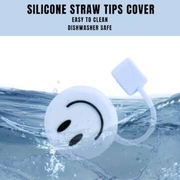 Whaline 6Pcs Smiling Face Straw Covers Blue Pink Cream Color Silicone Reusable Straw Topper Double Sided Pattern Straw Tip Covers 10mm 0.4 Inch for 30 & 40 OZ Tumbler with Handle
