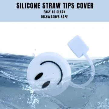 Whaline 6Pcs Smiling Face Straw Covers Blue Pink Cream Color Silicone Reusable Straw Topper Double Sided Pattern Straw Tip Covers 10mm 0.4 Inch for 30 & 40 OZ Tumbler with Handle