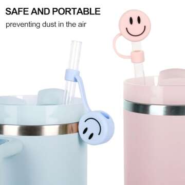 Whaline 6Pcs Smiling Face Straw Covers Blue Pink Cream Color Silicone Reusable Straw Topper Double Sided Pattern Straw Tip Covers 10mm 0.4 Inch for 30 & 40 OZ Tumbler with Handle
