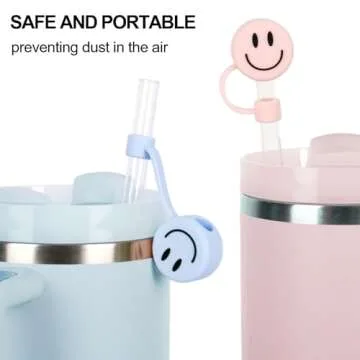 Whaline 6Pcs Smiling Face Straw Covers Blue Pink Cream Color Silicone Reusable Straw Topper Double Sided Pattern Straw Tip Covers 10mm 0.4 Inch for 30 & 40 OZ Tumbler with Handle
