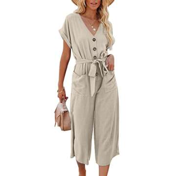 Acelitt Women's Fashion 2024 Casual V Neck Short Sleeve Jumpsuit with Belt