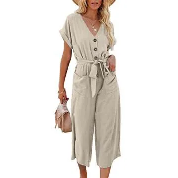 Acelitt Women's Fashion 2024 Casual V Neck Short Sleeve Jumpsuit with Belt